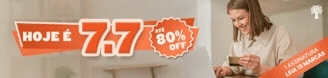 Paywall mobile Mulher sorridente, de camisa clara, segura um cartão dourado enquanto digita em um notebook. À esquerda, um banner laranja anuncia HOJE É 7.7 ATÉ 80% OFF. No canto inferior direito, uma faixa laranja diagonal informa 1 ASSINATURA LEIA 15 MARCAS