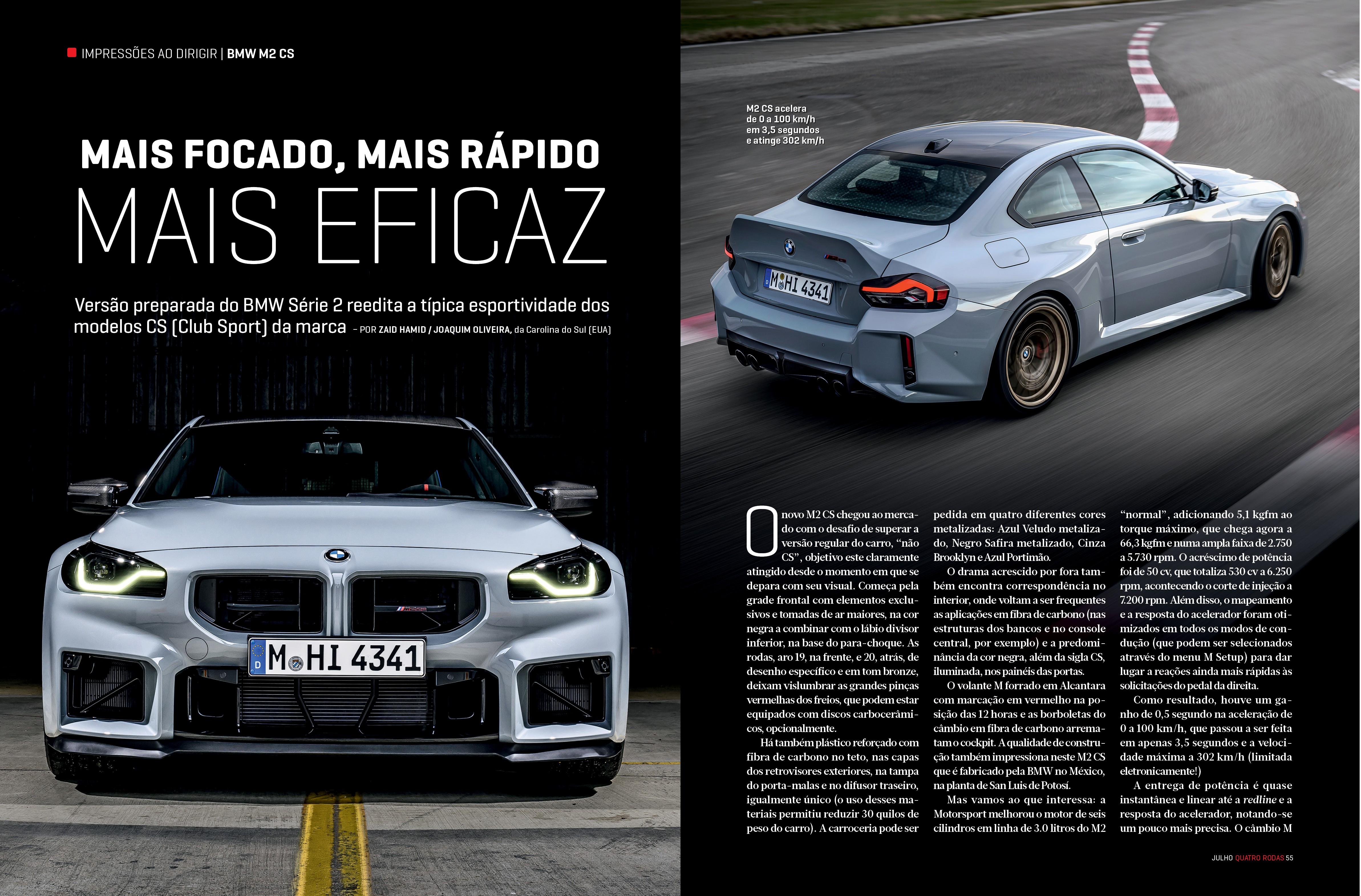 Página de revista com um carro BMW M2 CS cinza-claro. À esquerda, o carro é visto de frente, com faróis acesos, em um fundo escuro. À direita, o carro é visto de traseira em uma pista de corrida, com uma faixa branca e vermelha no asfalto. Há textos sobre o veículo em ambas as páginas
