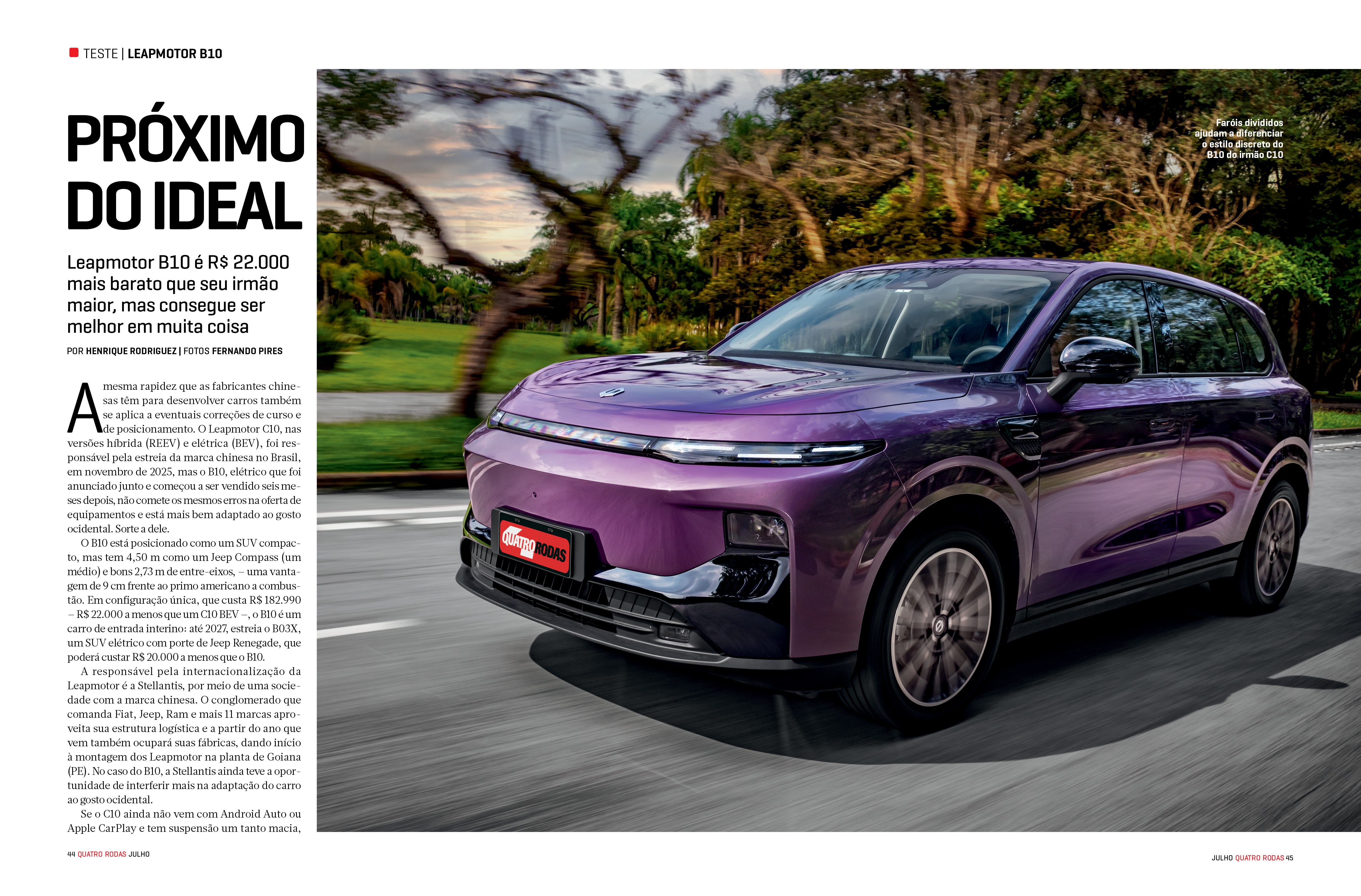 SUV Leapmotor B10 roxo metálico em movimento, visto de frente e lateral, com árvores e céu nublado ao fundo