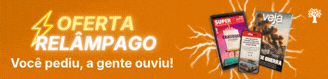 Banner laranja com OFERTA RELÂMPAGO em destaque, um raio amarelo e a frase Você pediu, a gente ouviu!. À direita, revistas Superinteressante e Veja, e um ícone de árvore