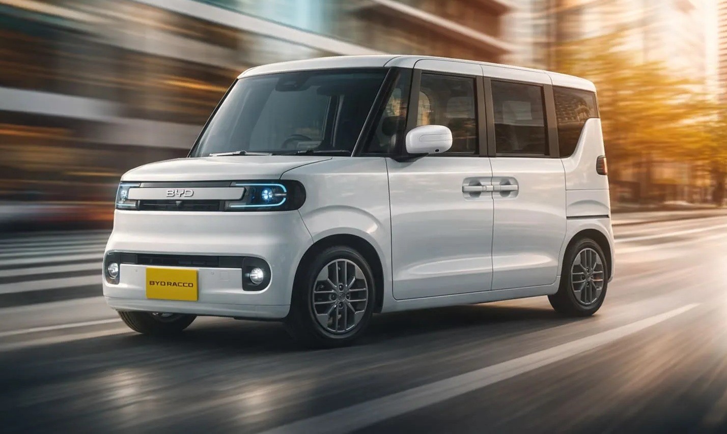 Minivan elétrica branca BYD Seagull em movimento, com luzes diurnas acesas e placa amarela BYGRACED na frente, em uma rua urbana com prédios e árvores desfocados ao fundo, sob luz solar