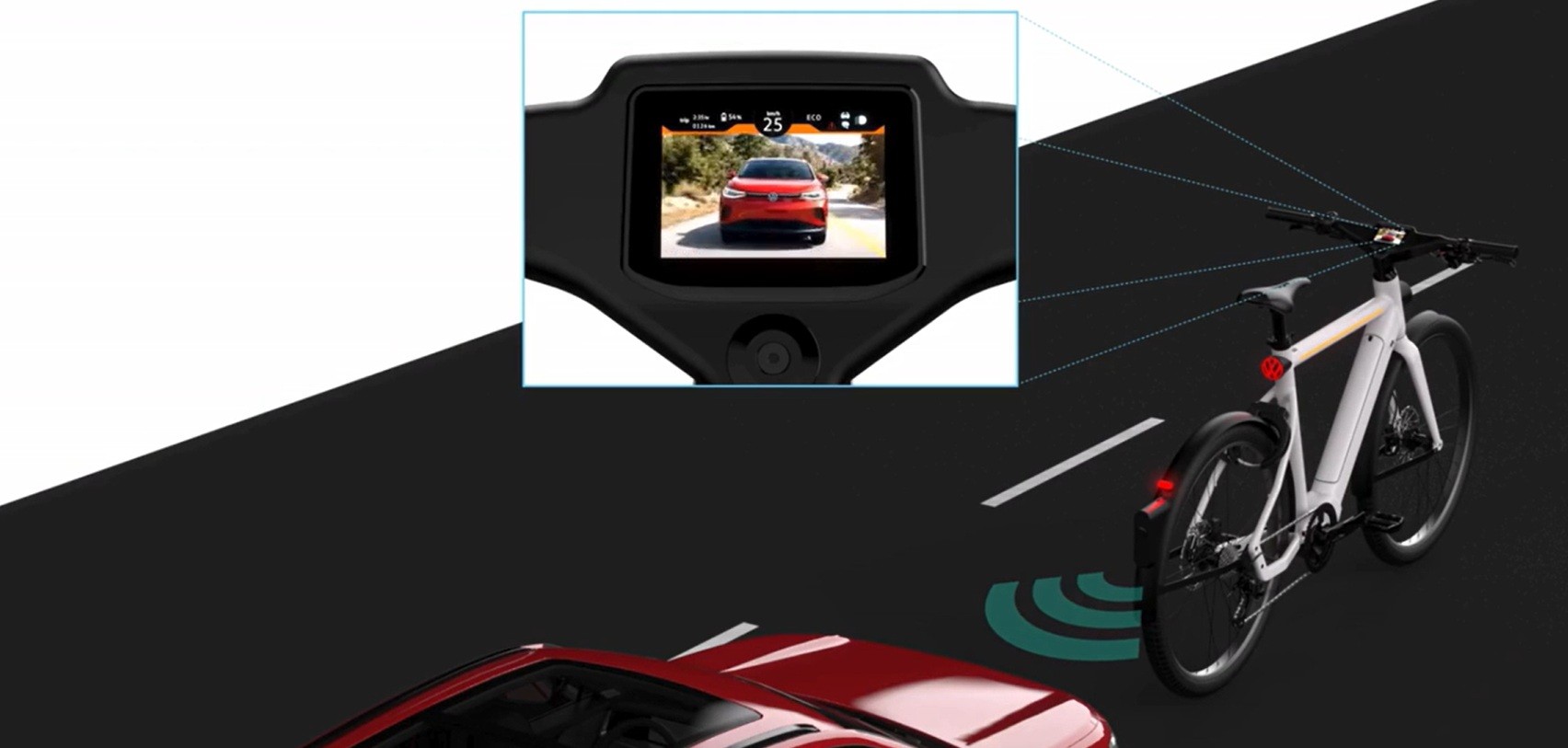 Bicicleta branca com sensor de proximidade detecta carro vermelho atrás, exibindo a imagem do veículo em tela no guidão