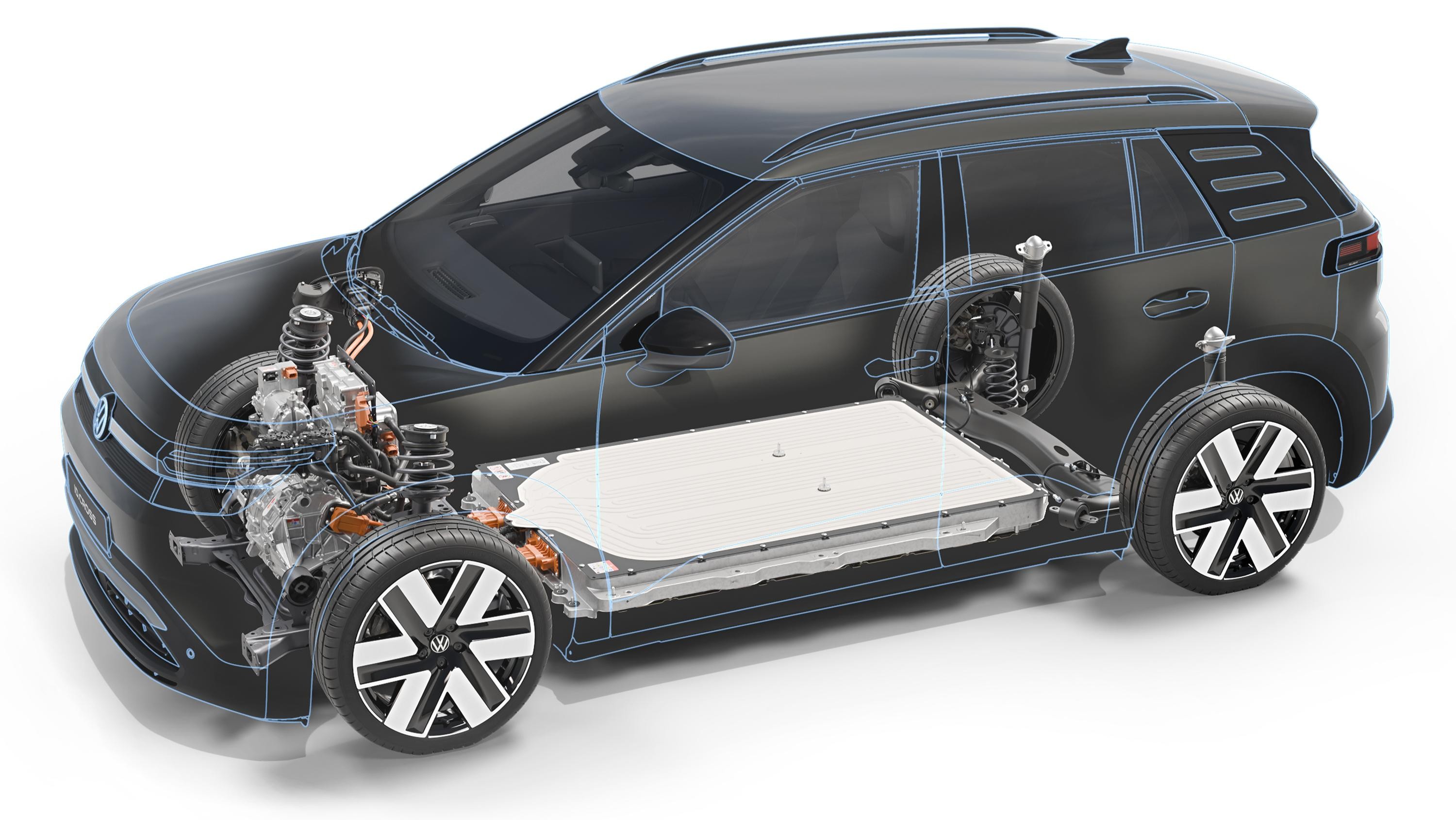 Carro SUV cinza escuro com contorno azul claro, mostrando a estrutura interna do chassi, motor elétrico dianteiro e bateria plana no assoalho