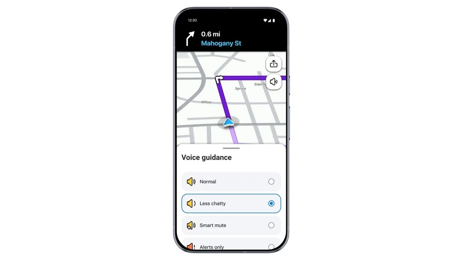 Smartphone com aplicativo de navegação exibindo um mapa com rota roxa e um menu de Voice guidance aberto, mostrando as opções Normal, Less chatty (selecionada), Smart mute e Alerts only
