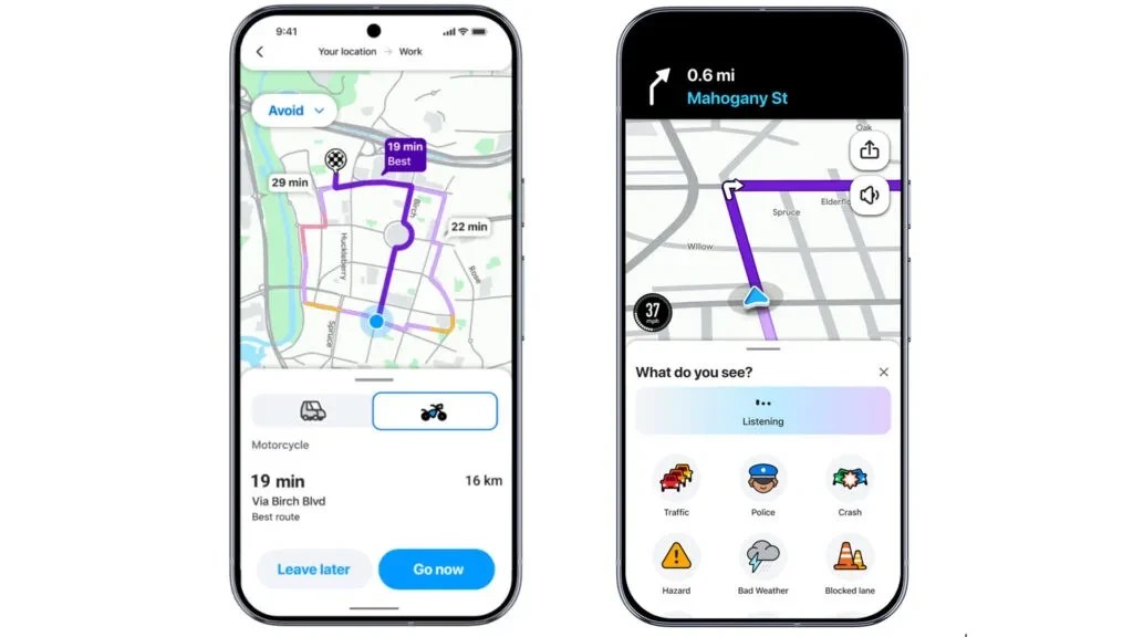Dois smartphones exibem aplicativos de navegação. À esquerda, um mapa mostra rotas para motocicleta, com a melhor rota em roxo (19 min) e outra em cinza (29 min). À direita, um mapa com rota roxa exibe opções para relatar ocorrências como tráfego, polícia, acidente, perigo, mau tempo e faixa bloqueada