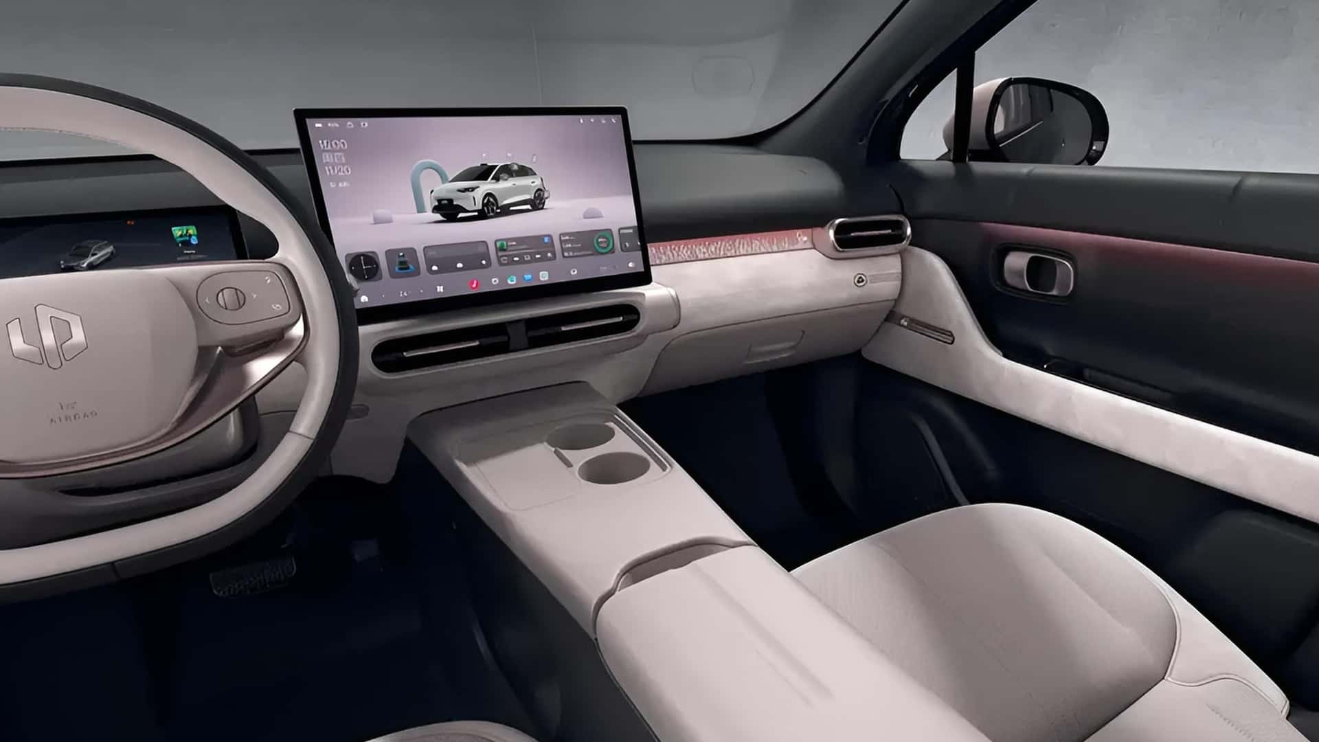 Interior de um carro moderno com volante branco e tela multimídia grande exibindo um SUV branco. O painel é claro, com detalhes em rosa avermelhado e console central com porta-copos. O banco do passageiro é claro, e o ambiente geral é limpo e futurista