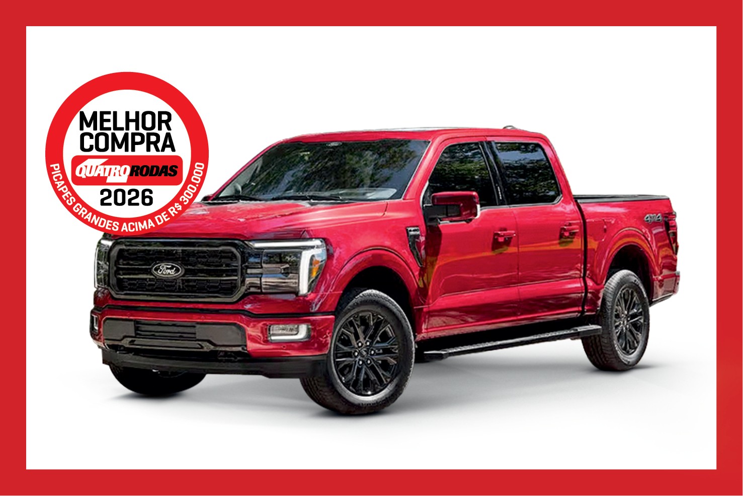 Picape Ford F-150 vermelha com rodas pretas, vista de frente e lateral, em fundo branco. Um selo vermelho e branco no canto superior esquerdo indica MELHOR COMPRA QUATRO RODAS 2026 PICAPES GRANDES ACIMA DE R$ 300.000