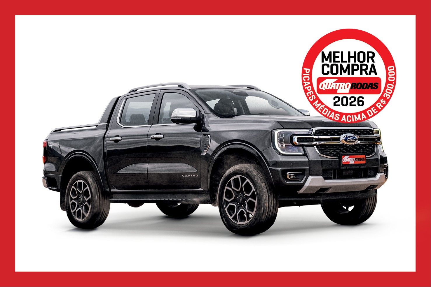 Picape Ford Ranger preta, modelo Limited, vista de lado, com um selo vermelho Melhor Compra Quatro Rodas 2026 no canto superior direito