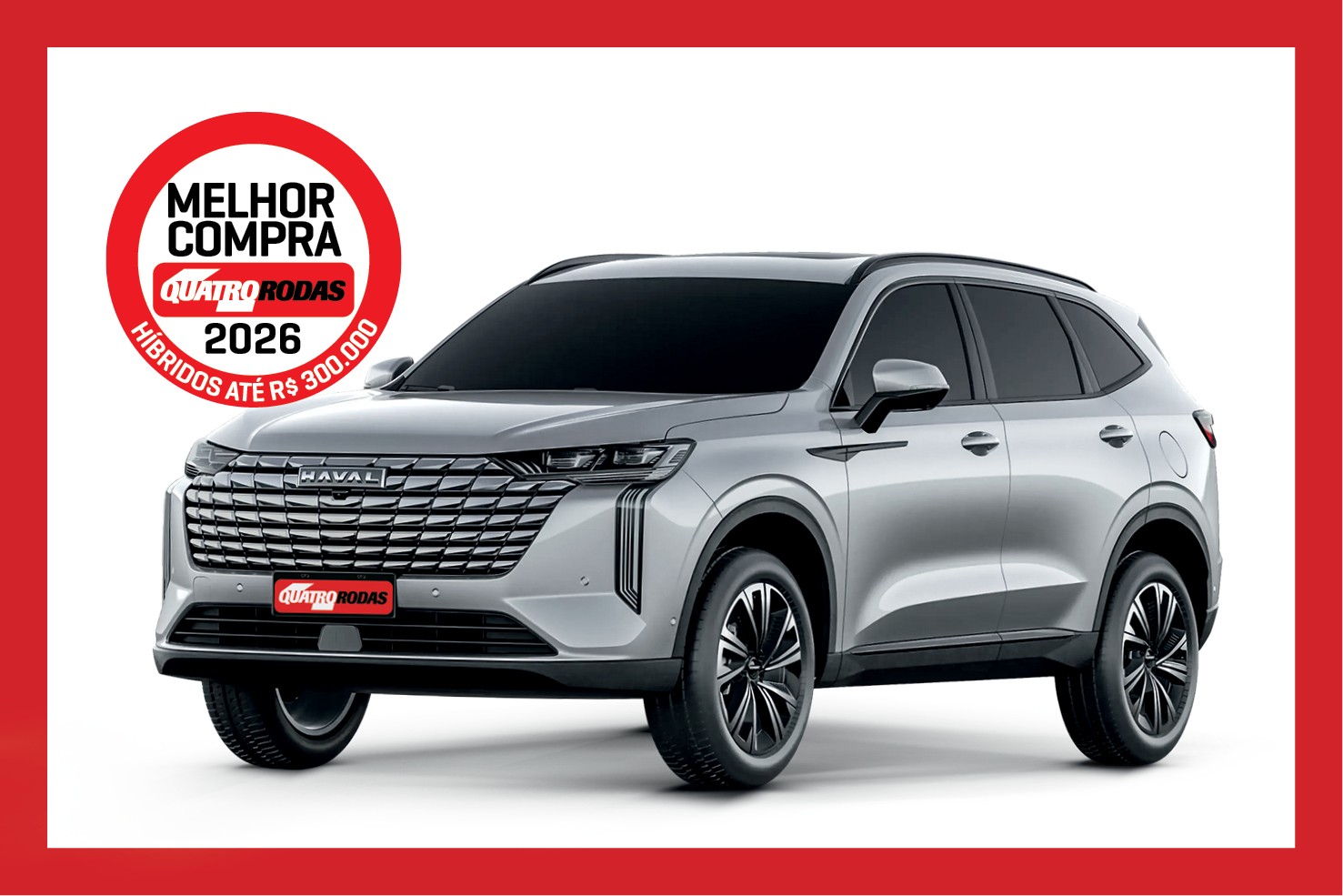 SUV Haval H6 cinza claro, com teto escuro e rodas pretas, em fundo branco. Um selo vermelho no canto superior esquerdo indica Melhor Compra Quatro Rodas 2026 Híbridos até R$ 300.000