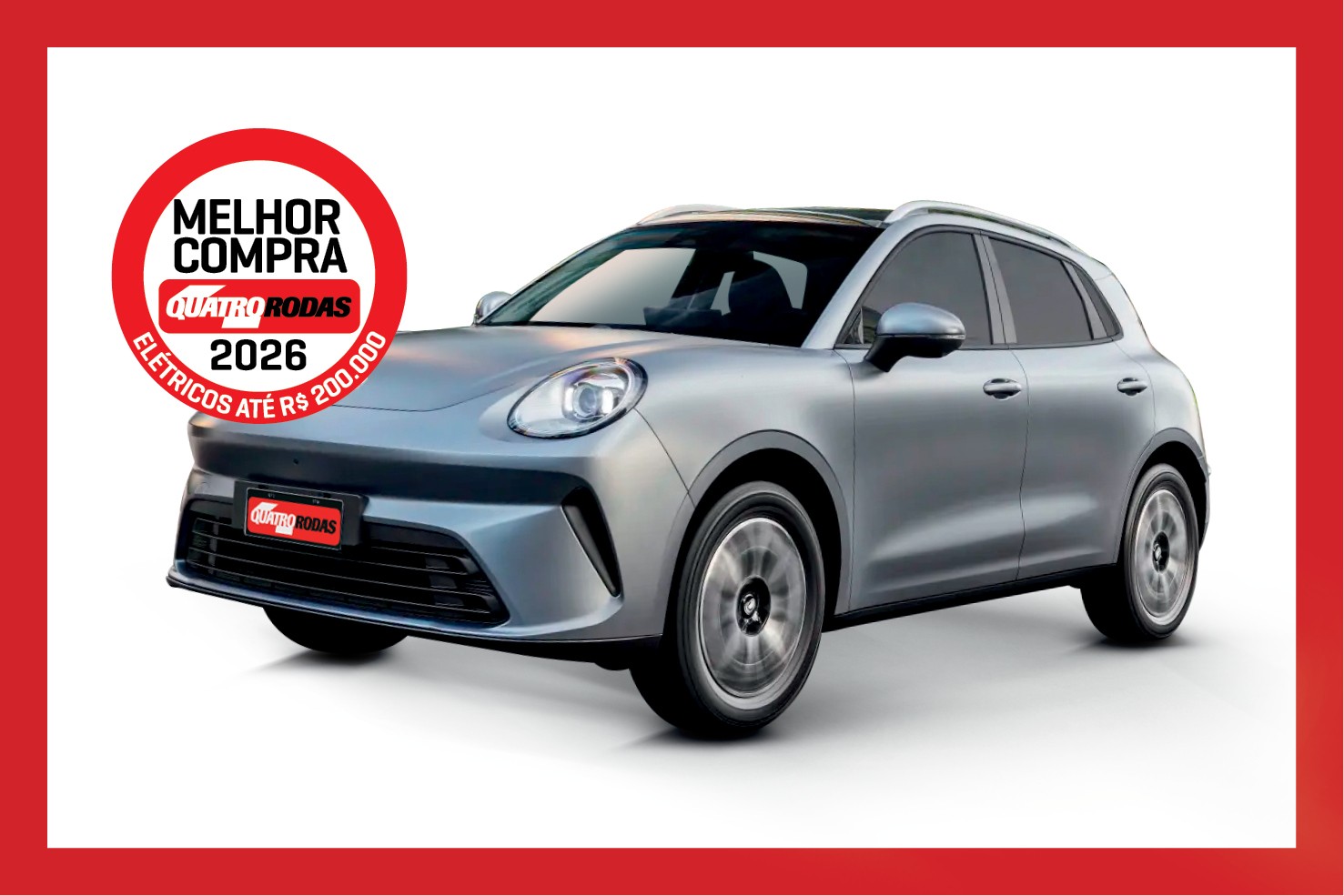 Carro SUV elétrico prateado com rodas em movimento, em fundo branco com borda vermelha. Selo Melhor Compra Quatro Rodas 2026 Elétricos até R$ 200.000 no canto superior esquerdo