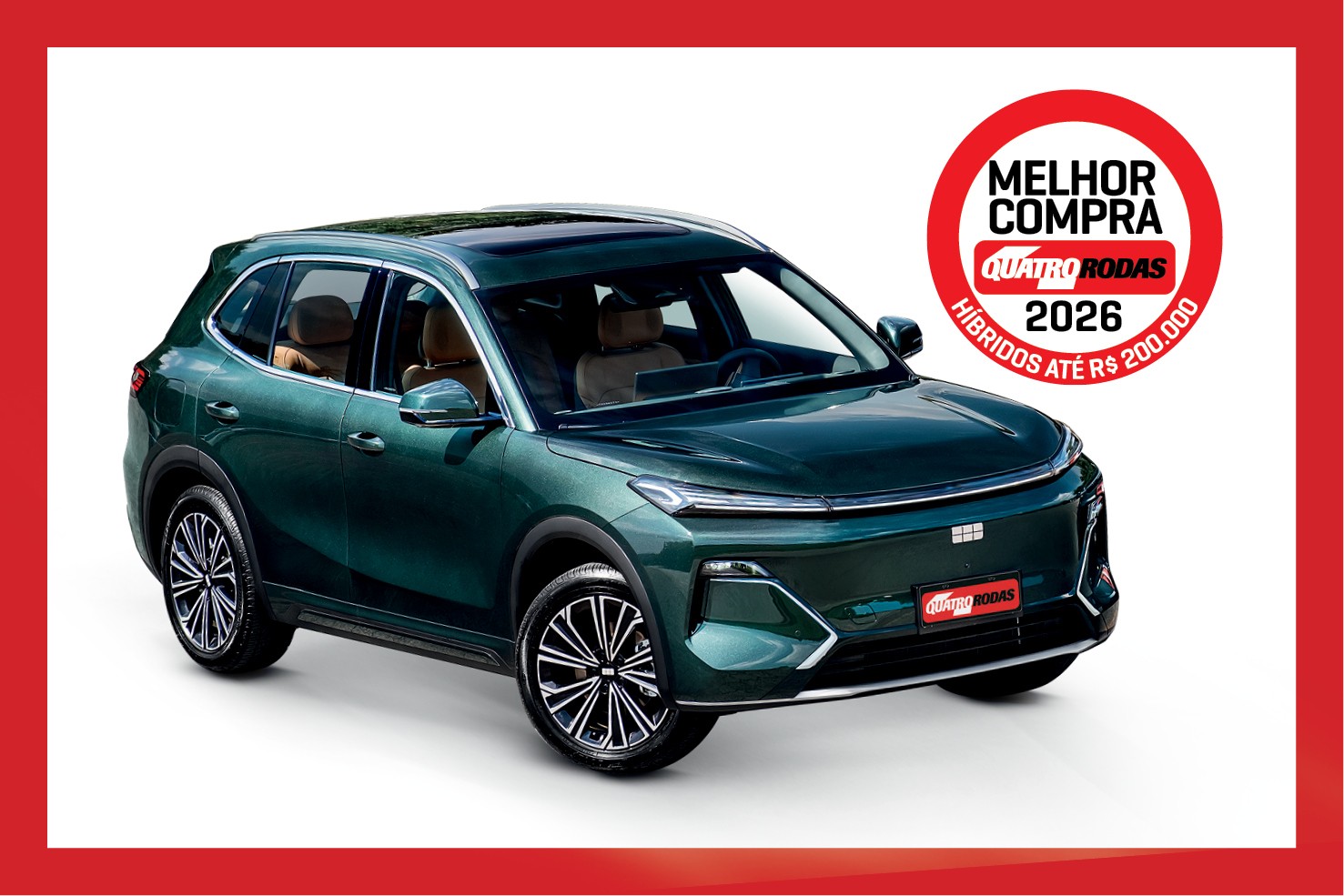 SUV verde escuro com teto solar, rodas pretas e detalhes cromados, exibindo um selo vermelho Melhor Compra Quatro Rodas 2026 Híbridos até R$ 200.000