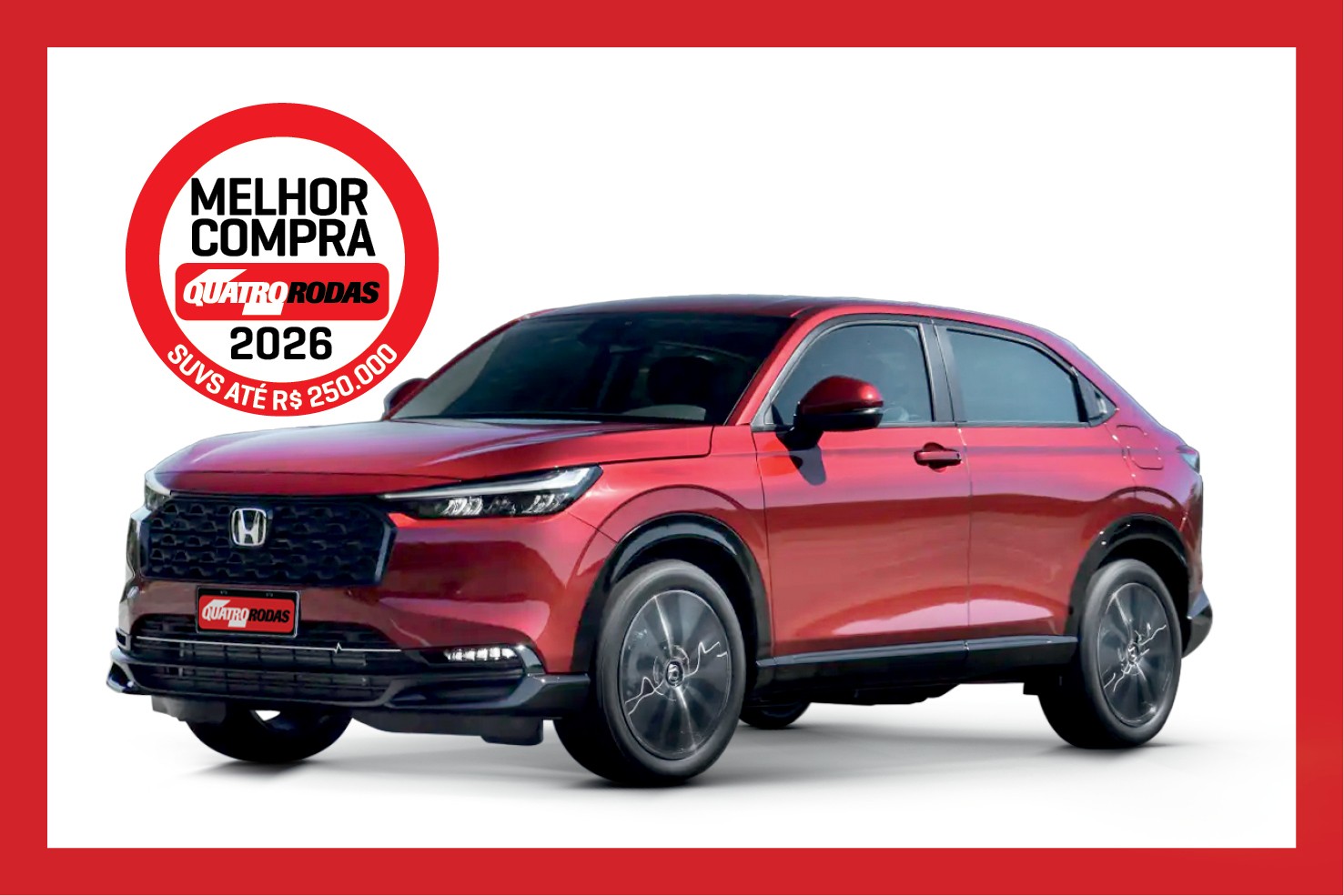 SUV vermelho metálico, modelo Honda HR-V, em fundo branco com borda vermelha. No canto superior esquerdo, um selo circular vermelho com MELHOR COMPRA QUATRO RODAS 2026 SUVS ATÉ R$ 250.000 em branco e preto