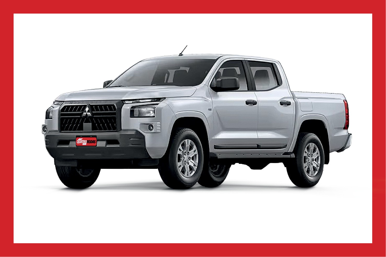 Picape Mitsubishi L200 Triton branca, vista de frente e lateralmente, com grade frontal preta e faróis divididos, sobre fundo branco