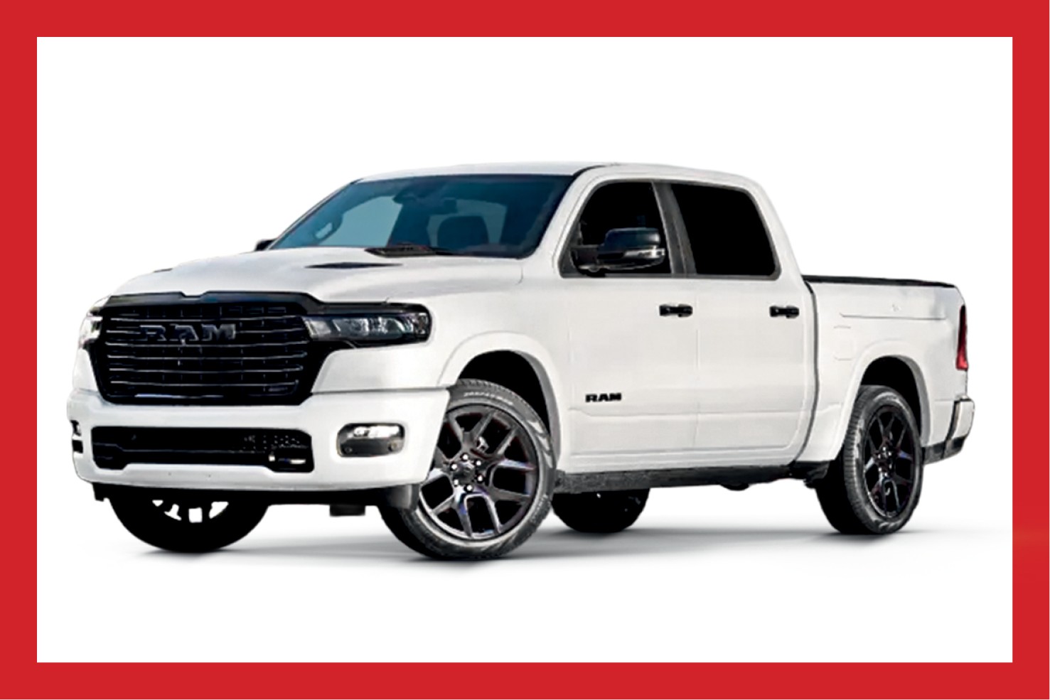 Picape branca Ram 1500, vista de frente e lateralmente, com grade frontal preta, faróis escurecidos e rodas esportivas pretas, sobre fundo branco