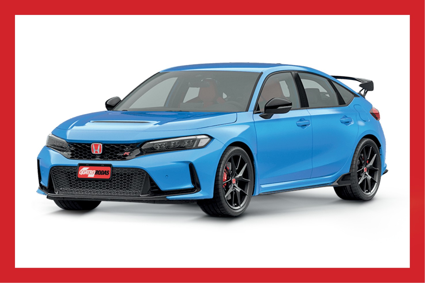 Carro esportivo Honda Civic Type R azul, visto de frente e lateralmente, com rodas pretas e detalhes vermelhos, sobre fundo branco