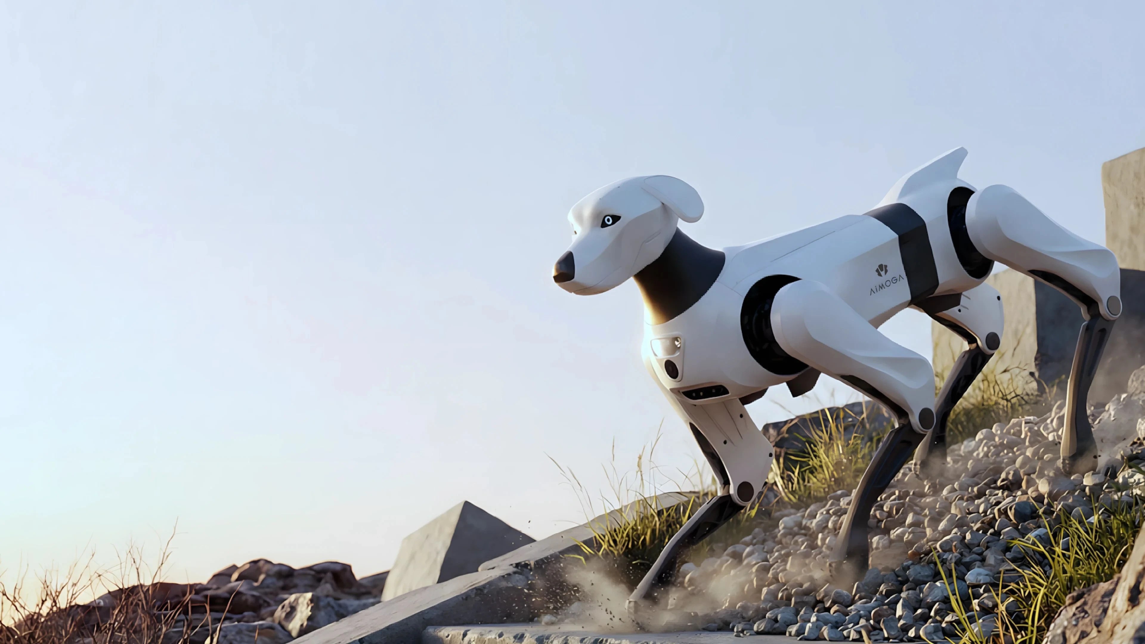 Cachorro robótico branco e preto, com o nome AIBOBA na lateral, correndo sobre pedras e terra, levantando poeira, em um cenário árido sob céu claro