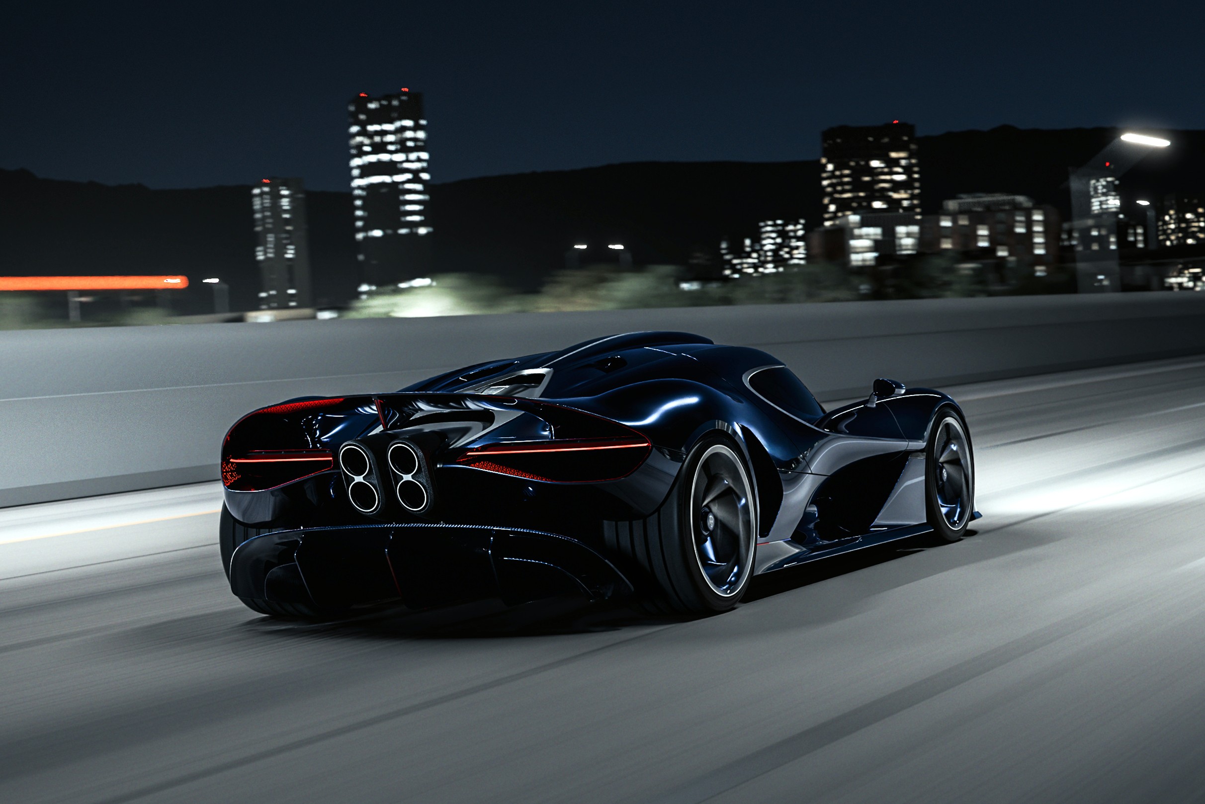 Carro esportivo azul escuro, visto por trás, em movimento rápido numa estrada à noite, com luzes da cidade ao fundo