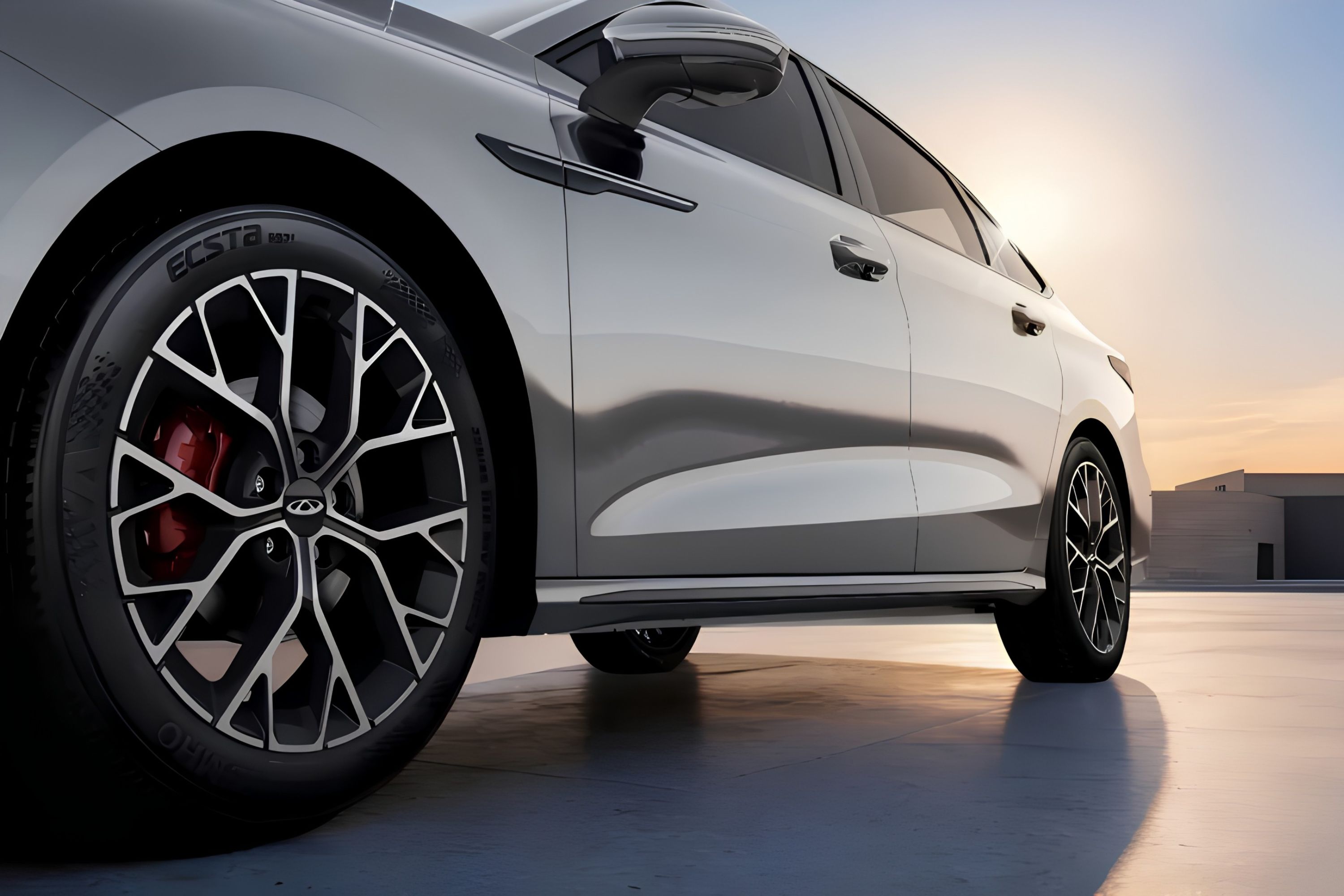 Lateral de um carro cinza-prata com reflexos do pôr do sol, destacando a roda dianteira com aro preto e detalhes prateados, e pinça de freio vermelha. O veículo está em um piso liso com um céu alaranjado ao fundo