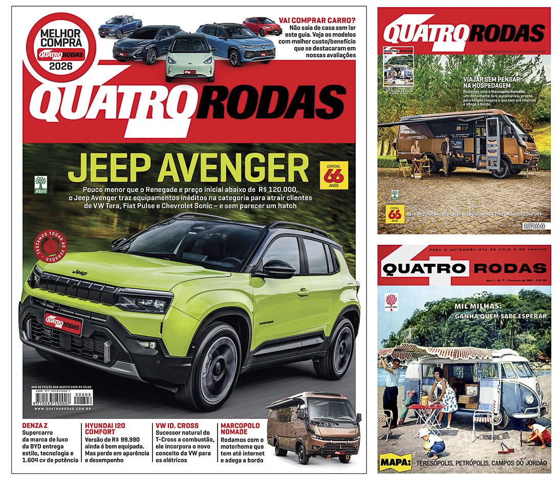 Três capas da revista Quatro Rodas. A principal, à esquerda, mostra um Jeep Avenger verde-limão em destaque, com o título JEEP AVENGER em letras grandes. Acima, carros de diversas cores e o selo Melhor Compra Quatro Rodas 2026. À direita, duas capas menores: a superior exibe um motorhome moderno marrom em um acampamento, e a inferior, uma Kombi azul e branca vintage com pessoas acampando em um cenário arborizado