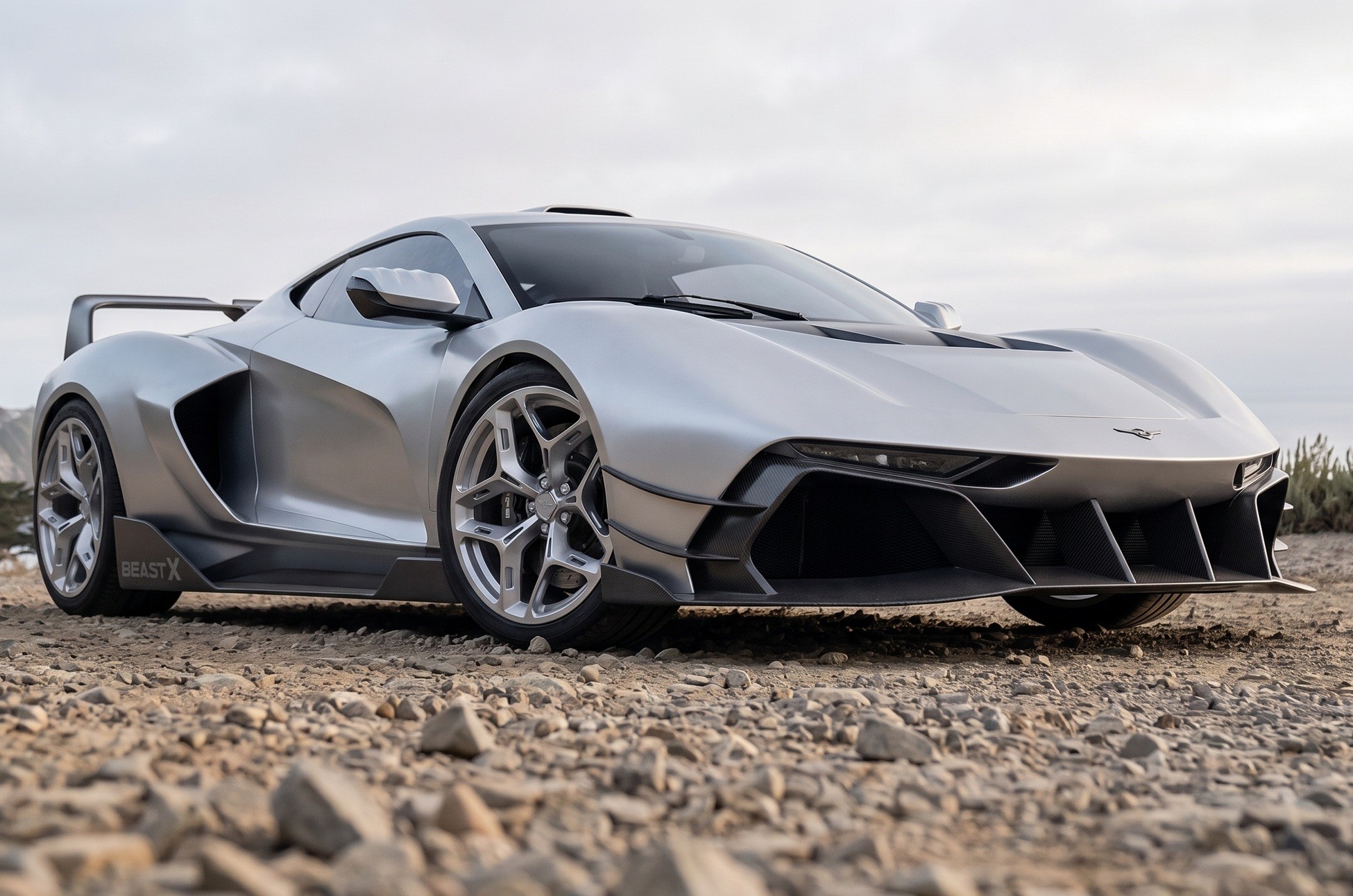 Carro esportivo prateado, com design futurista e aerodinâmico, parado em terreno rochoso. Possui grandes entradas de ar laterais e frontais, aerofólio traseiro e rodas de liga leve. O céu claro e o horizonte desértico compõem o cenário