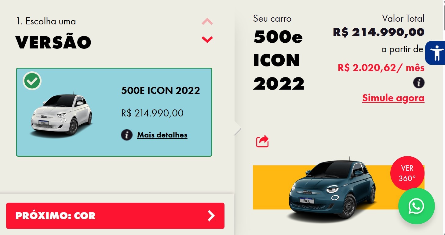 Interface de compra de carro com duas seções: à esquerda, Escolha uma VERSÃO com um Fiat 500e Icon 2022 branco selecionado, custando R$ 214.990,00. À direita, Seu carro 500e ICON 2022 com o valor total de R$ 214.990,00 e parcelas de R$ 2.020,62/mês, exibindo um Fiat 500e azul-petróleo. Um botão vermelho PRÓXIMO: COR está na parte inferior esquerda