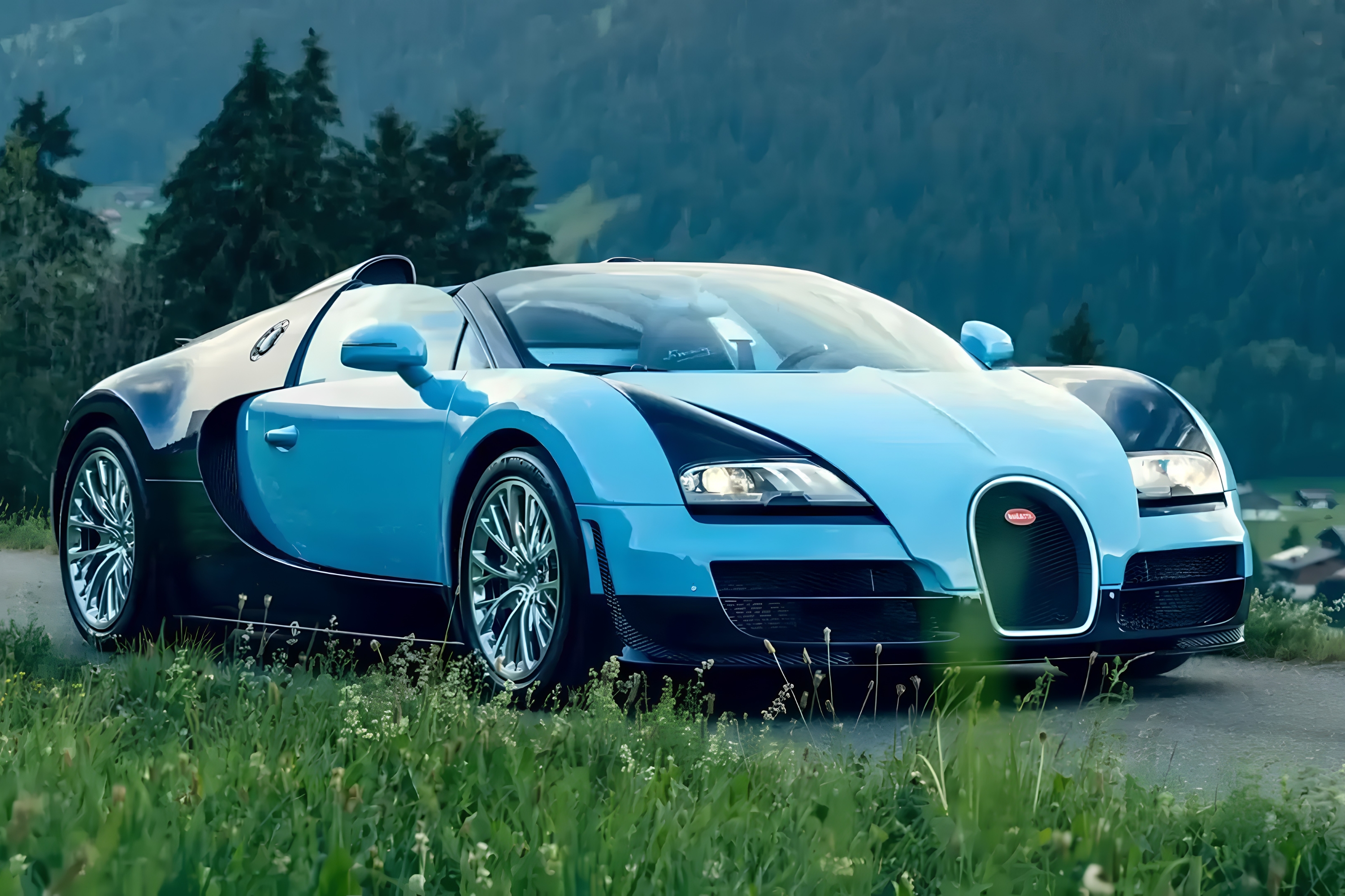 Carro esportivo Bugatti Veyron azul claro e preto, estacionado em uma estrada de asfalto ao lado de um campo de grama verde, com montanhas e árvores ao fundo