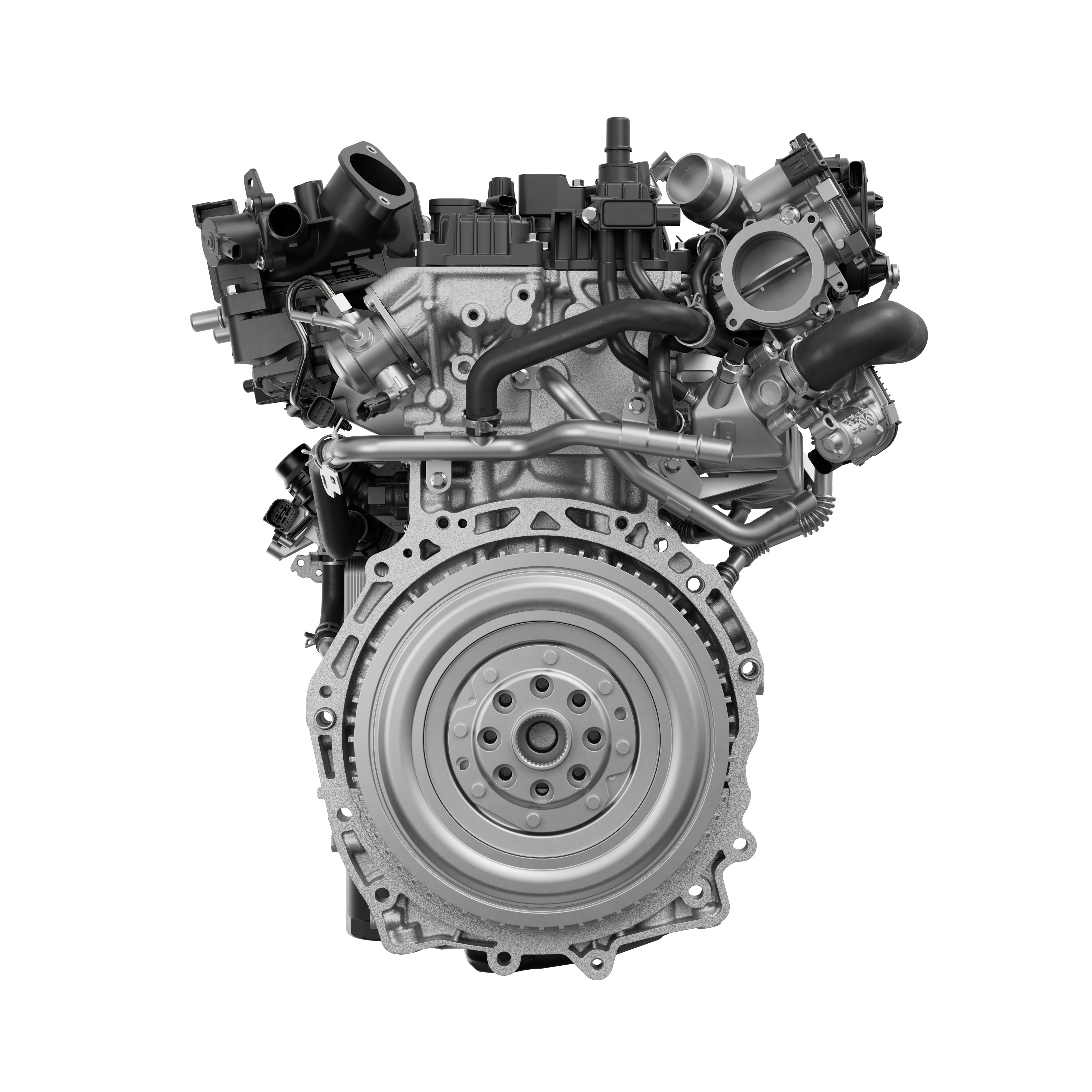Motor automotivo moderno, cinza metálico, com diversas peças e tubulações pretas, em fundo branco. A parte inferior exibe um volante do motor com engrenagens visíveis, e a superior, componentes complexos como coletores e mangueiras
