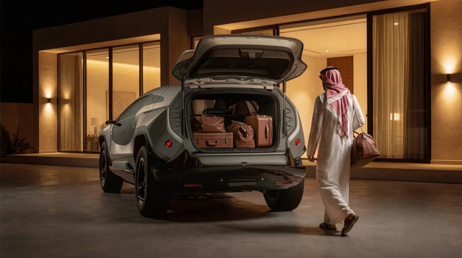 Homem em vestes árabes tradicionais, com thobe branco e keffiyeh vermelho e branco, caminha para um carro cinza com porta-malas aberto, repleto de malas marrons. A cena noturna ocorre em frente a uma casa moderna com grandes janelas iluminadas