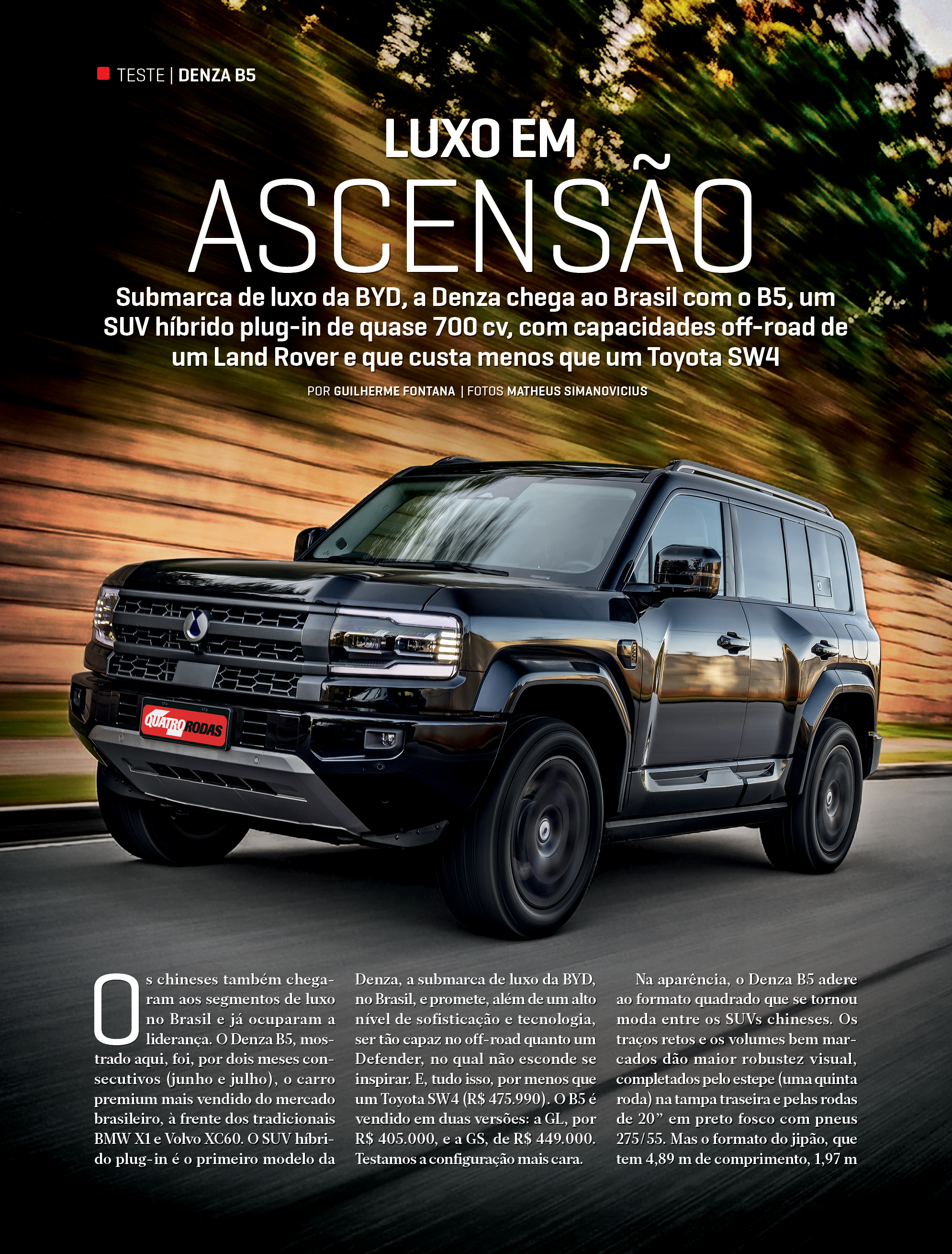 SUV Denza B5 preto, robusto e quadrado, em movimento sobre asfalto, com vegetação borrada ao fundo, sob o título LUXO EM ASCENSÃO