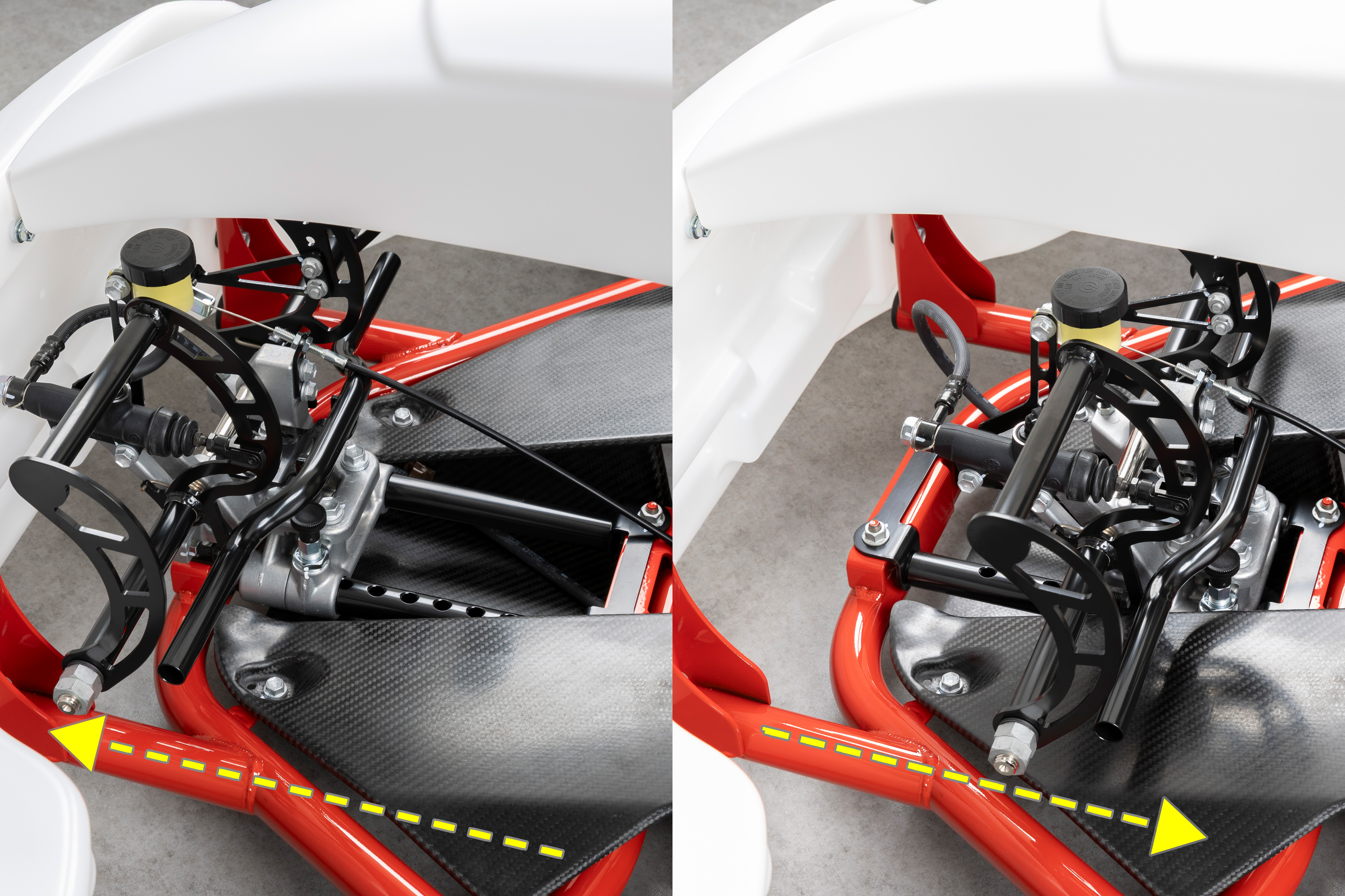 Comparação de dois karts com chassi vermelho e carenagem branca, mostrando a montagem do pedal de freio em duas posições diferentes, indicadas por setas amarelas tracejadas