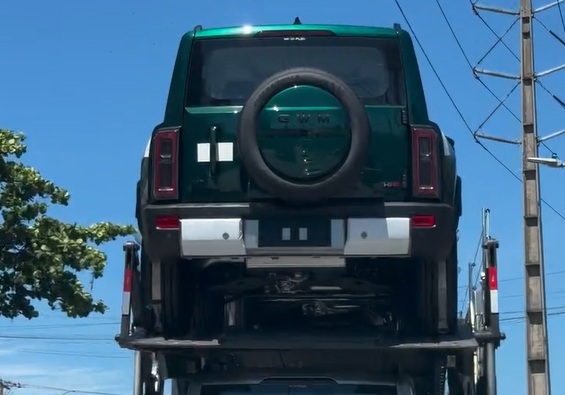 Traseira de um SUV verde escuro, com estepe na porta do porta-malas, sendo transportado em um caminhão-cegonha sob céu azul. À esquerda, folhagem de árvore; à direita, poste de energia.
