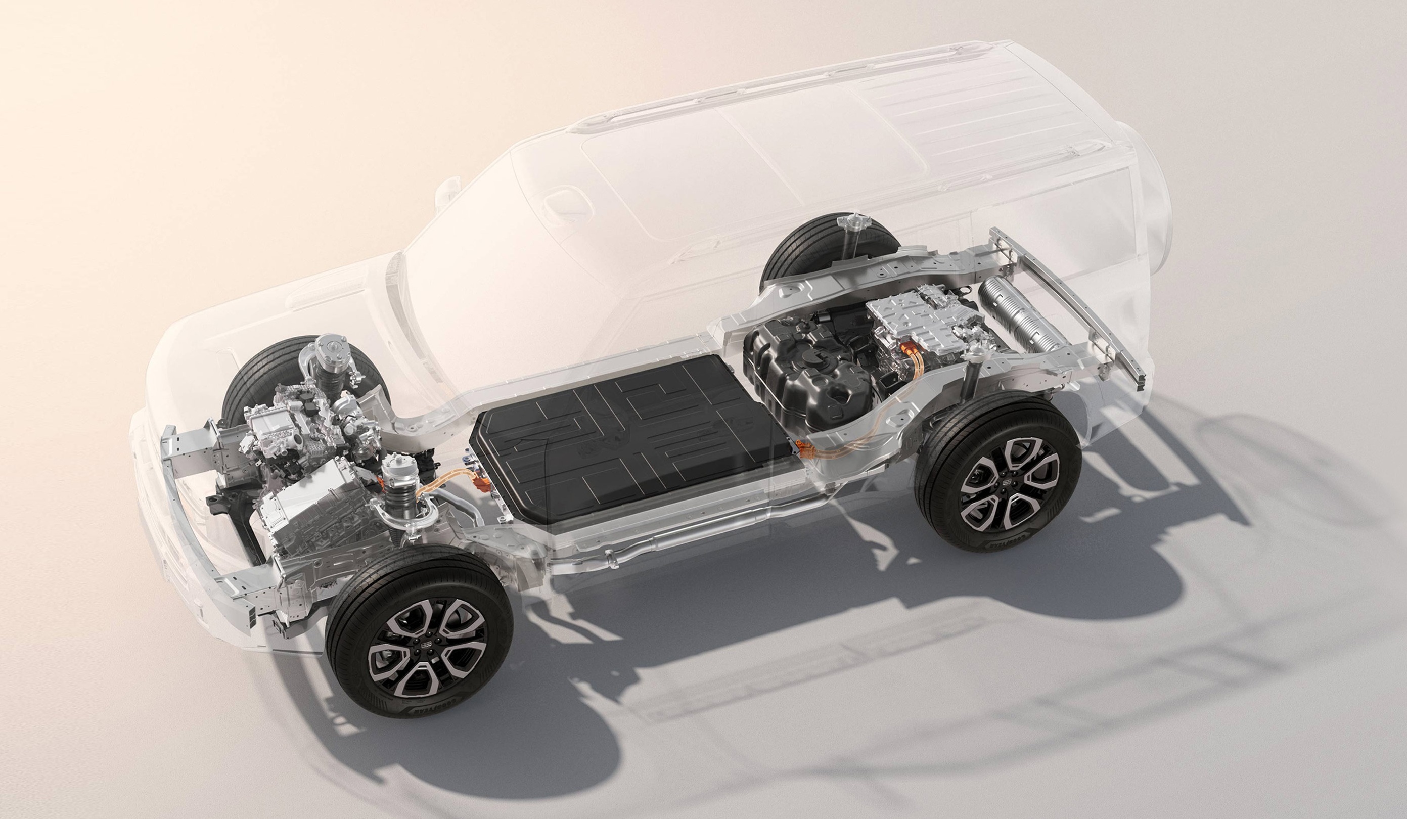 Chassi de carro elétrico com bateria preta retangular no centro e motores prateados nas extremidades, com pneus pretos e rodas prateadas, sob uma carroceria translúcida