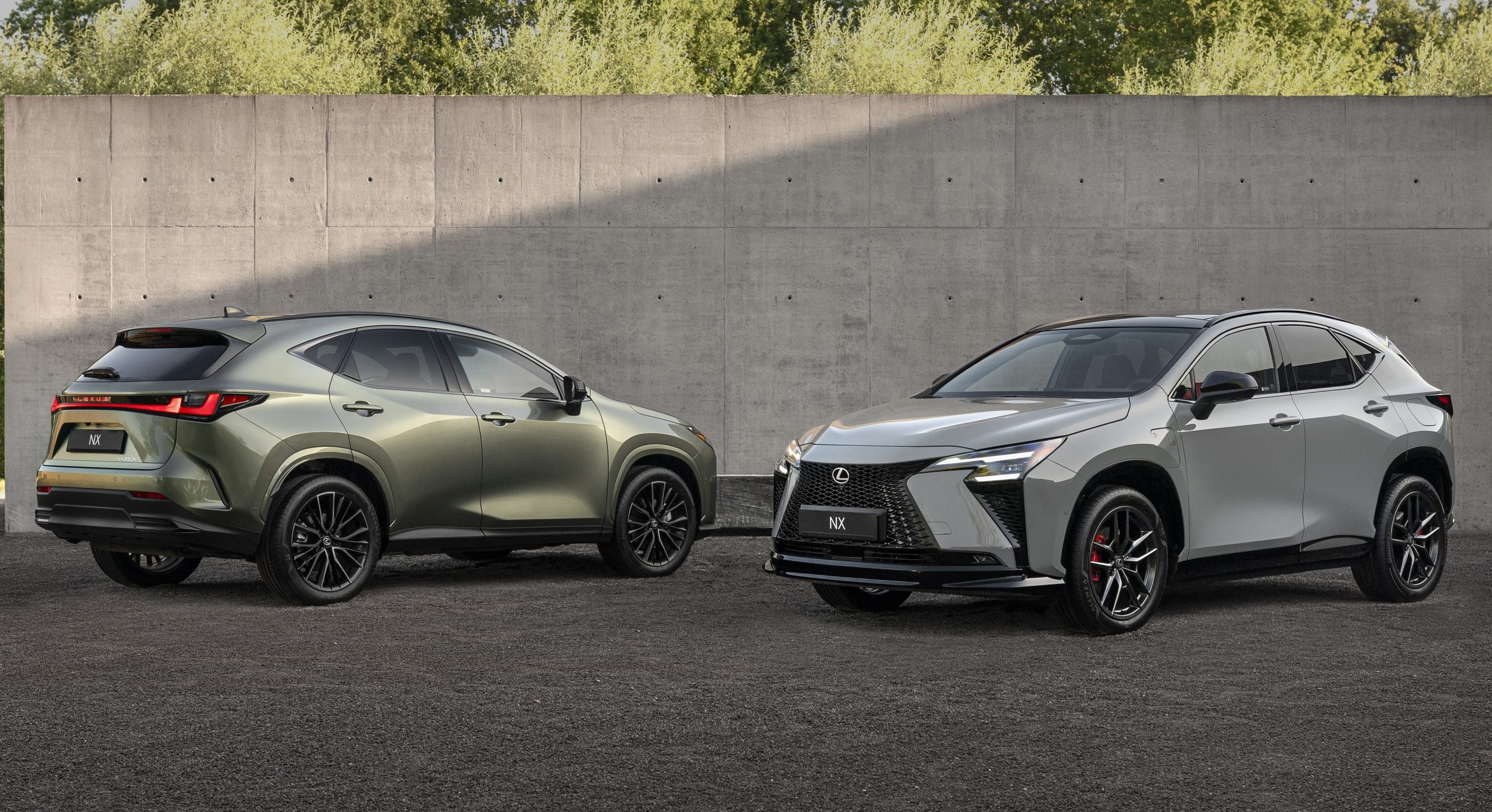 Dois SUVs Lexus NX 2024, um verde-oliva visto de traseira e outro cinza-claro de frente, estacionados lado a lado em um piso escuro, com uma parede de concreto e folhagem verde ao fundo