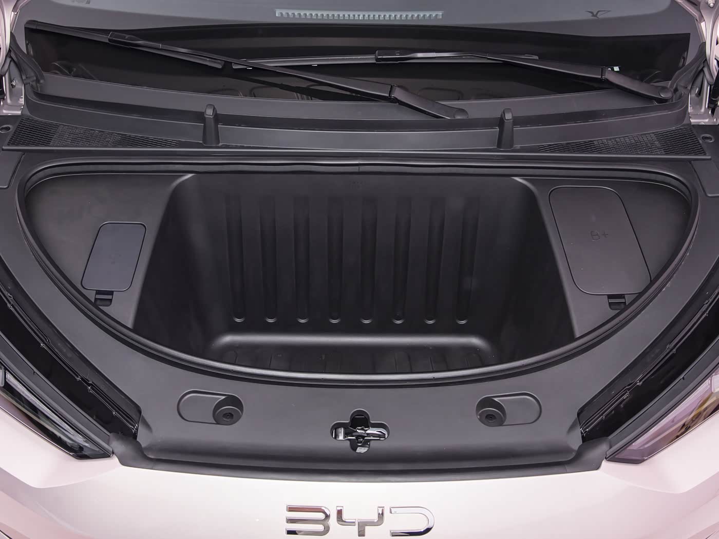 Porta-malas dianteiro (frunk) de um carro elétrico BYD, com interior preto texturizado e dois compartimentos laterais, mostrando o capô aberto e o logo BYD cromado na frente