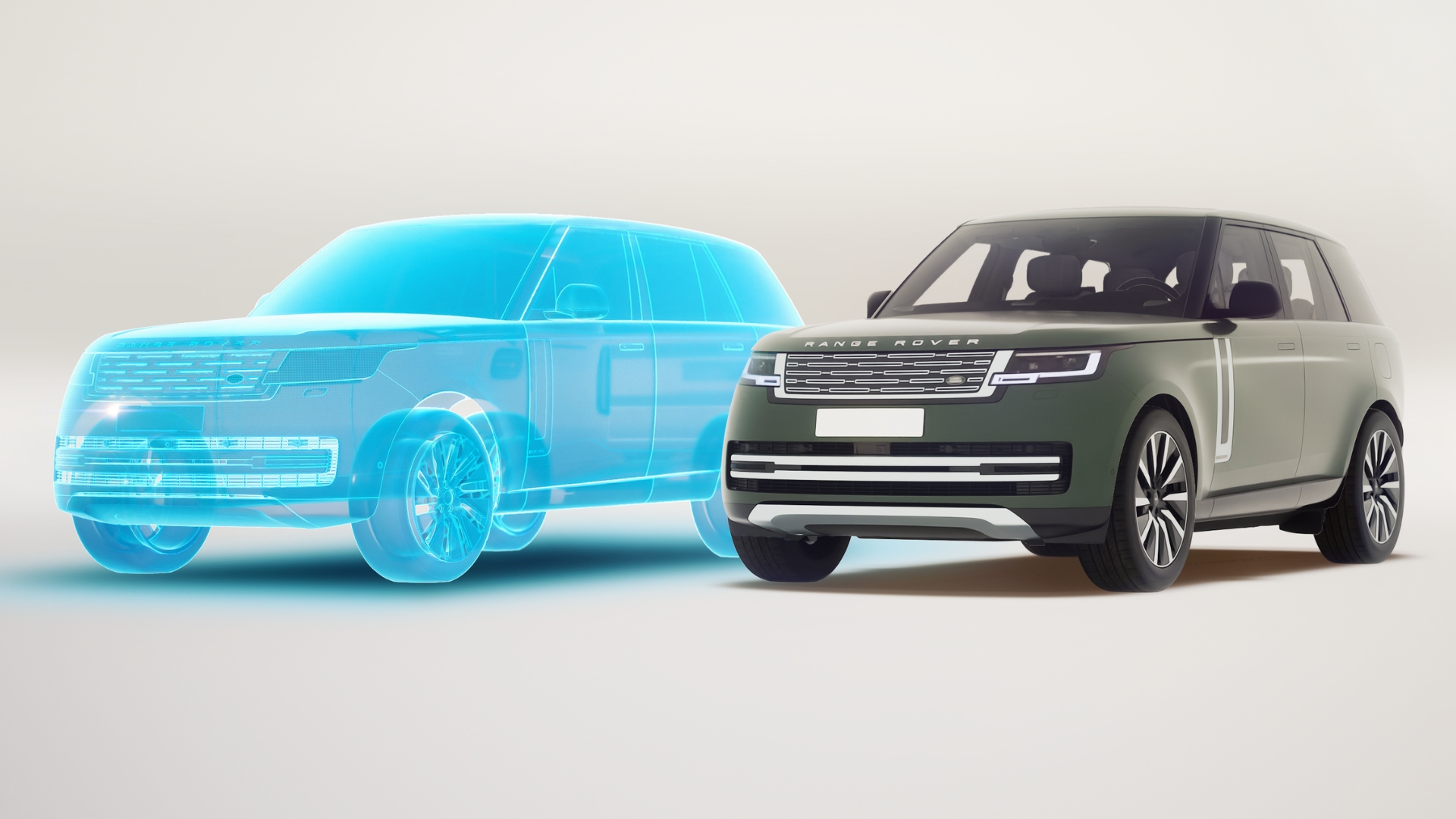 Um carro SUV verde escuro com teto preto e rodas prateadas está à direita, enquanto um esboço azul translúcido do mesmo modelo de carro está à esquerda, ambos em um fundo branco