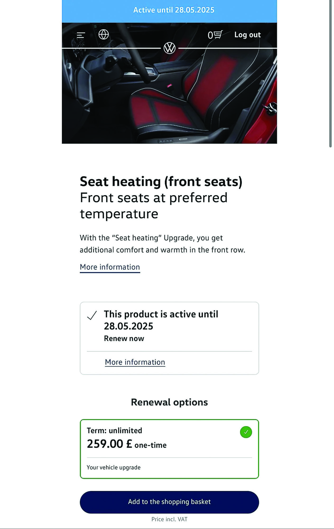 Tela de aplicativo ou site com imagem de um banco de carro preto e vermelho, destacando a opção de aquecimento de assento por £259,00 para upgrade do veículo