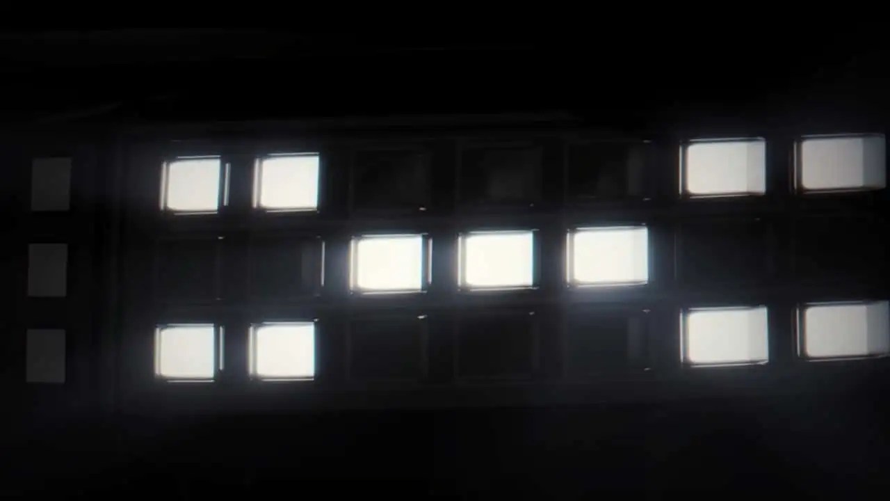 Fachada de um prédio escuro à noite, com várias janelas quadradas iluminadas em branco, dispostas em três fileiras horizontais