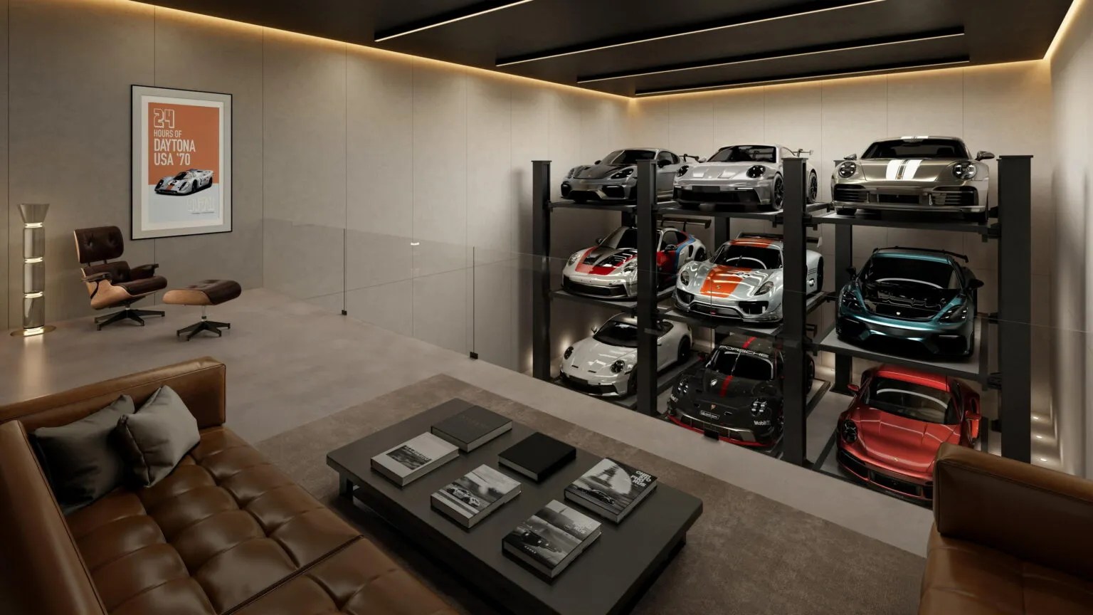 Sala de estar moderna com sofá de couro marrom, poltrona e pufe, mesa de centro com livros, e uma parede com nove carros esportivos de luxo em prateleiras, iluminados por luzes de LED no teto