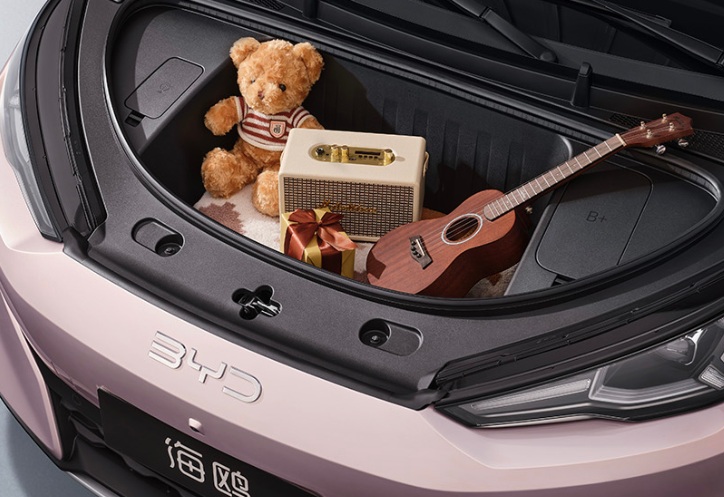 Porta-malas dianteiro de um carro rosa BYD, com um urso de pelúcia listrado, um rádio vintage, um presente embrulhado e um ukulele, sugerindo um espaço versátil e divertido