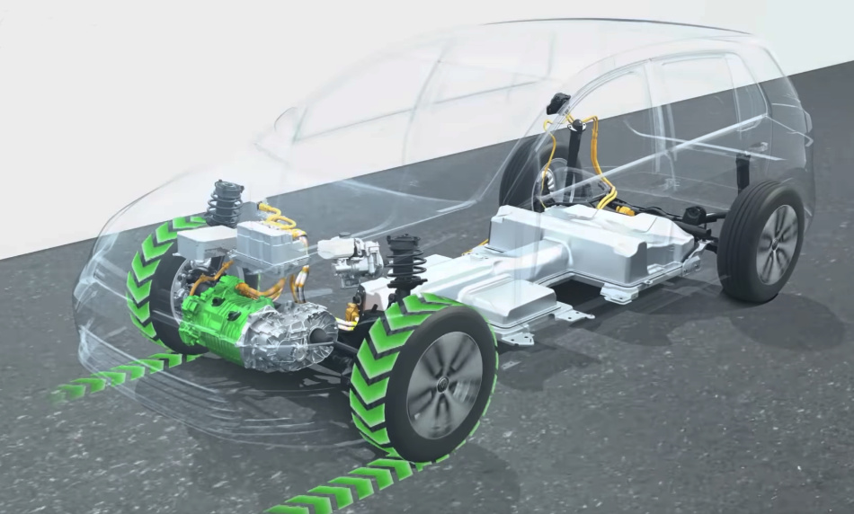 Esquema transparente de um carro elétrico, mostrando o motor verde na frente, a bateria cinza no centro e as rodas com setas verdes indicando movimento