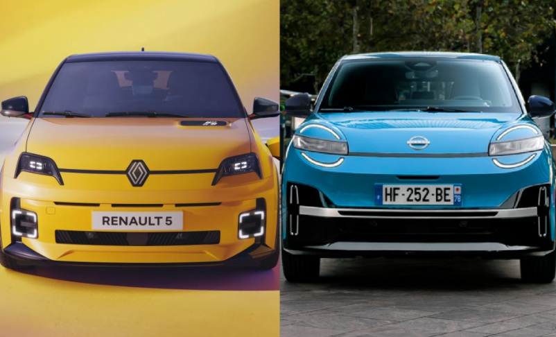 Dois carros elétricos compactos, um amarelo Renault 5 à esquerda e um azul Nissan Micra à direita, ambos vistos de frente, com faróis acesos e placas de identificação visíveis