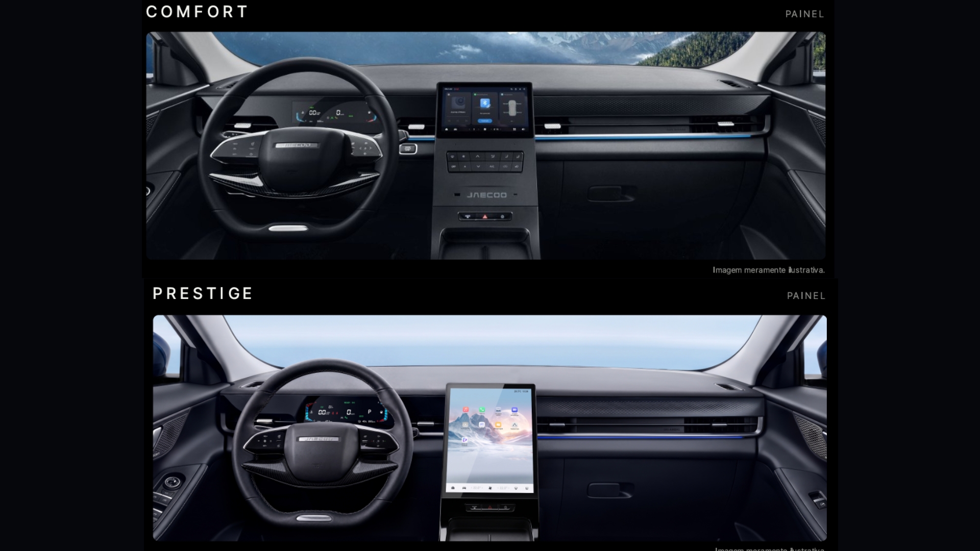 Comparativo dos painéis internos de dois carros, Comfort e Prestige. O Comfort tem volante escuro e tela multimídia horizontal integrada. O Prestige possui volante similar e uma tela multimídia vertical maior, destacada no centro